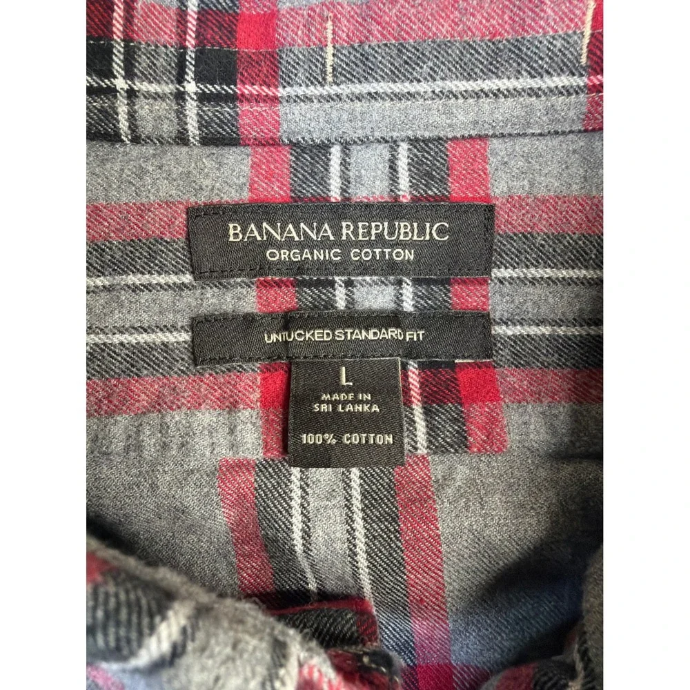 Banana Republic Mens Flannel Shirt L Grey Red Plaid Untucked Organic Cotton L/S